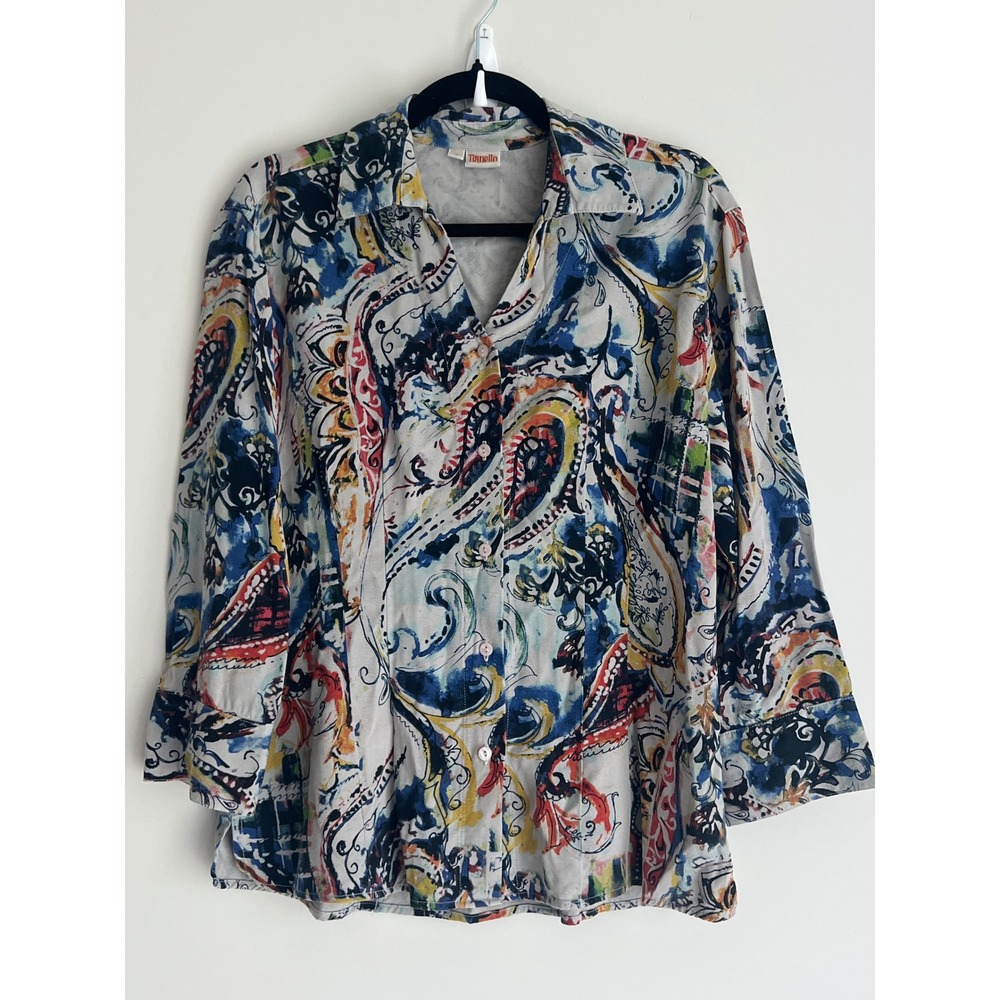 Tianello Suzy Blouse Women's Small Multicolor Paisley Tencel Rayon Button Up Top